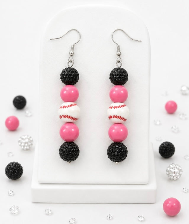 Baseball Beaded Dangle Earrings – Rhinestones & Team Colors, ~2.5"