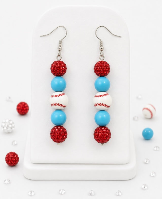 Baseball Beaded Dangle Earrings – Rhinestones & Team Colors, ~2.5"