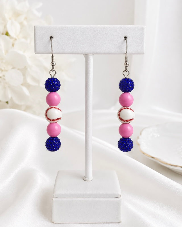Baseball Beaded Dangle Earrings – Rhinestones & Team Colors, ~2.5"