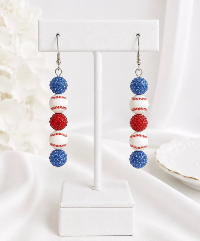 Baseball Beaded Dangle Earrings – Rhinestones & Team Colors, ~2.5"