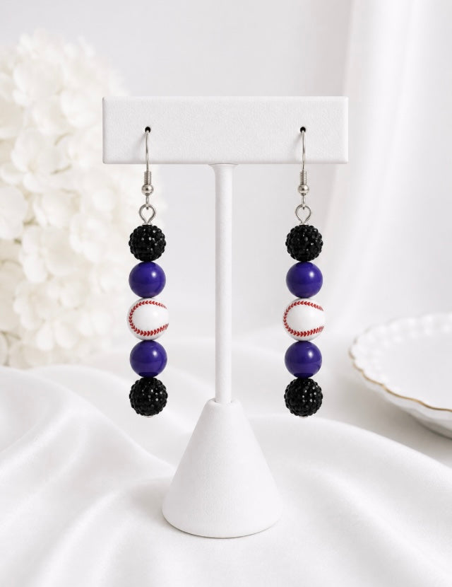 Baseball Beaded Dangle Earrings – Rhinestones & Team Colors, ~2.5"