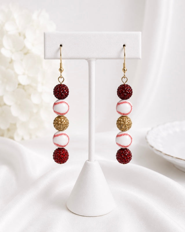 Baseball Beaded Dangle Earrings – Rhinestones & Team Colors, ~2.5"