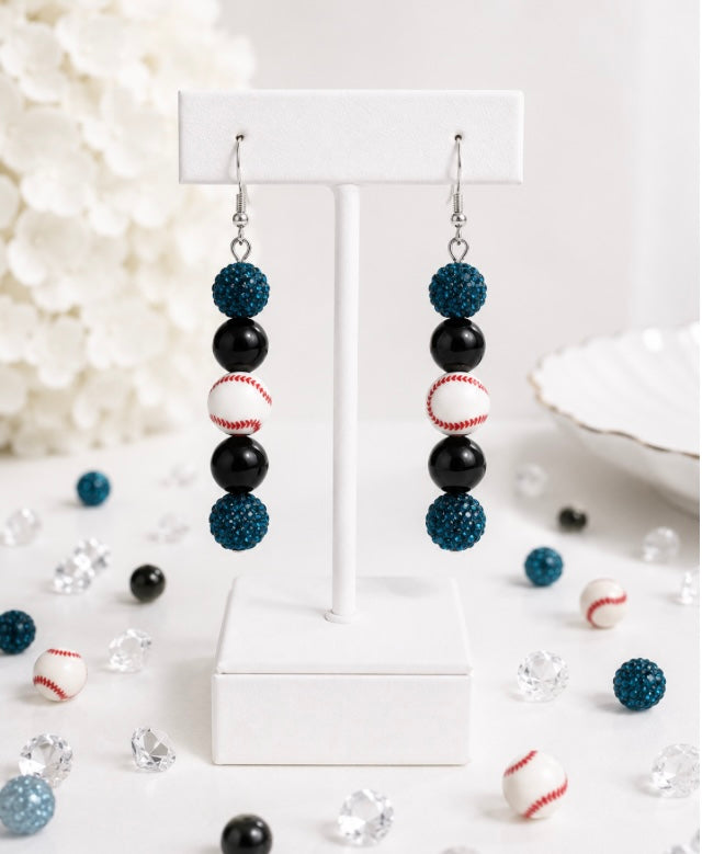 Baseball Beaded Dangle Earrings – Rhinestones & Team Colors, ~2.5"