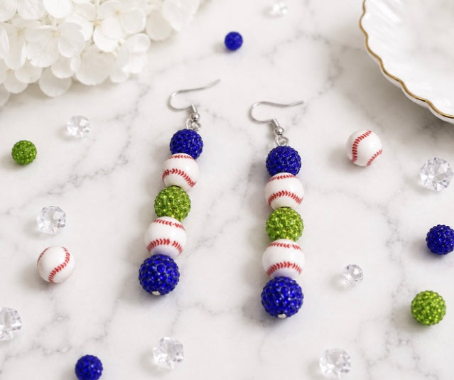 Baseball Beaded Dangle Earrings – Rhinestones & Team Colors, ~2.5"