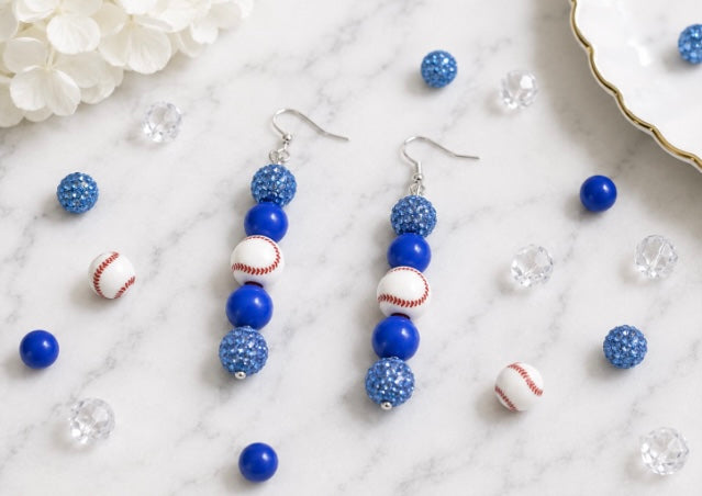 Baseball Beaded Dangle Earrings – Rhinestones & Team Colors, ~2.5"