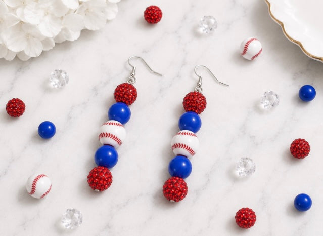 Baseball Beaded Dangle Earrings – Rhinestones & Team Colors, ~2.5"