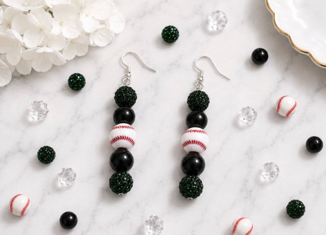 Baseball Beaded Dangle Earrings – Rhinestones & Team Colors, ~2.5"