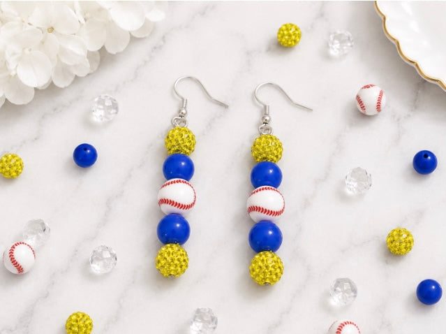 Baseball Beaded Dangle Earrings – Rhinestones & Team Colors, ~2.5"