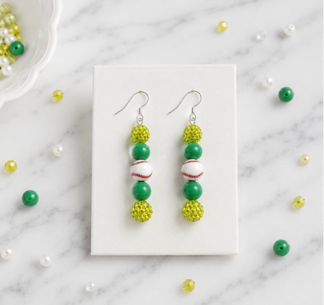 Baseball Beaded Dangle Earrings – Rhinestones & Team Colors, ~2.5"