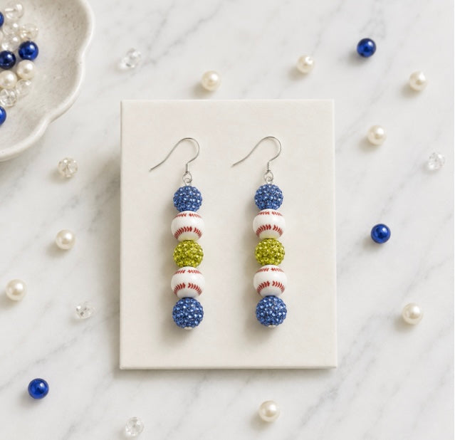 Baseball Beaded Dangle Earrings – Rhinestones & Team Colors, ~2.5"