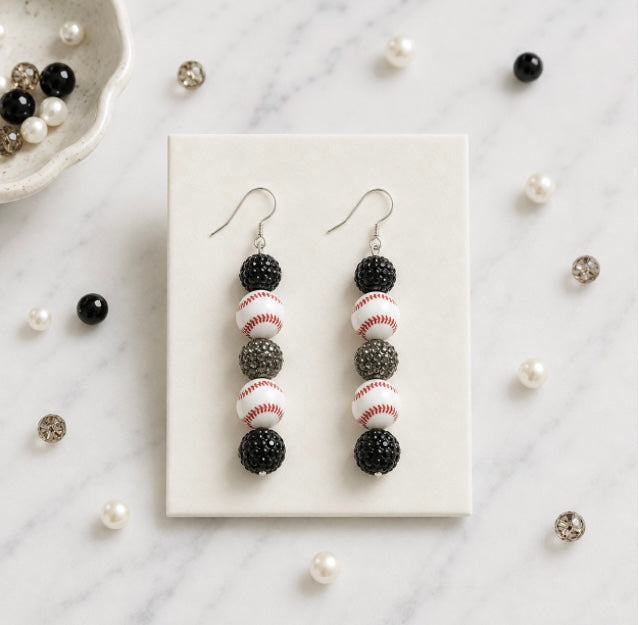 Baseball Beaded Dangle Earrings – Rhinestones & Team Colors, ~2.5"