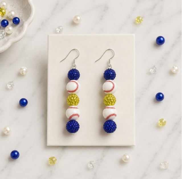 Baseball Beaded Dangle Earrings – Rhinestones & Team Colors, ~2.5"