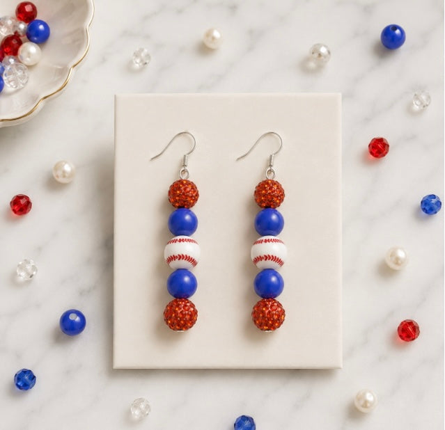Baseball Beaded Dangle Earrings – Rhinestones & Team Colors, ~2.5"