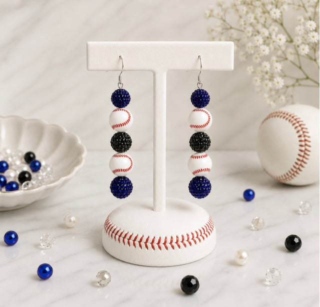 Baseball Beaded Dangle Earrings – Rhinestones & Team Colors, ~2.5"