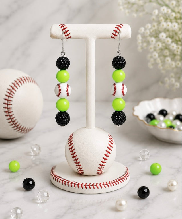 Baseball Beaded Dangle Earrings – Rhinestones & Team Colors, ~2.5"