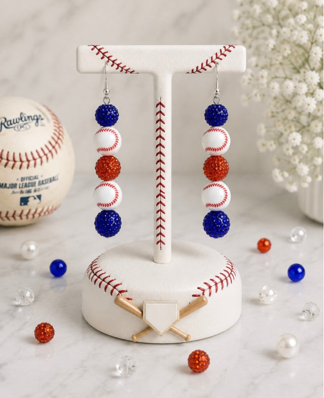 Baseball Beaded Dangle Earrings – Rhinestones & Team Colors, ~2.5"