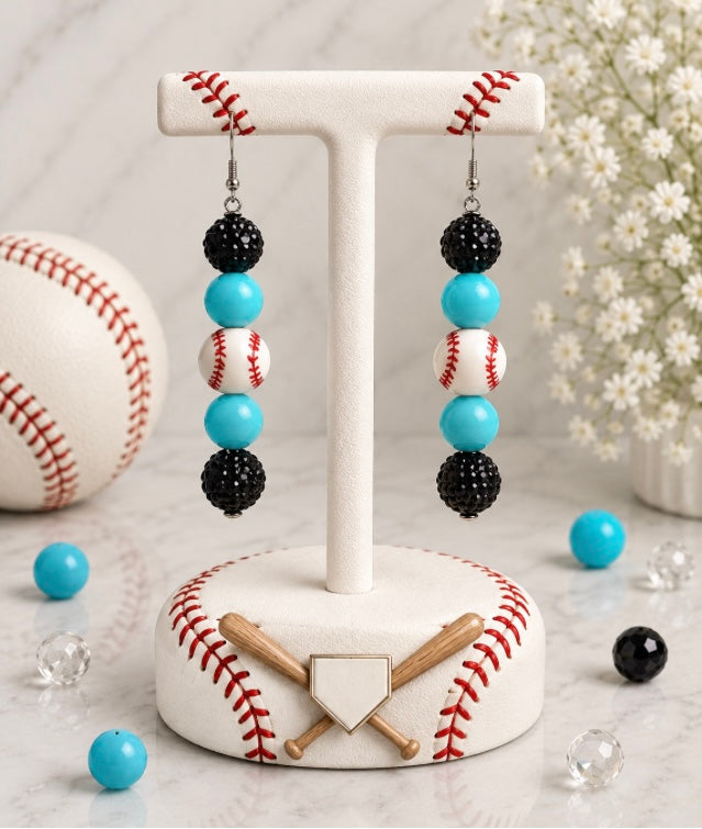 Baseball Beaded Dangle Earrings – Rhinestones & Team Colors, ~2.5"