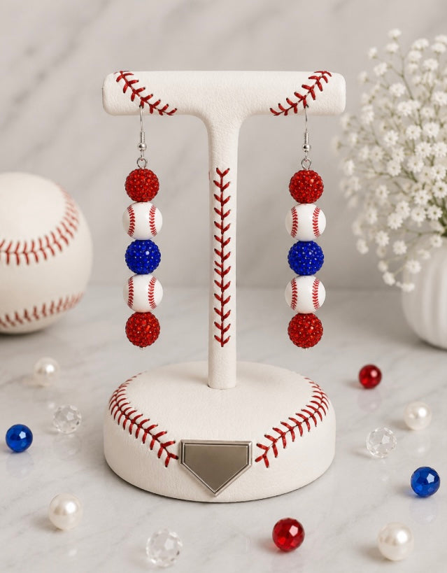 Baseball Beaded Dangle Earrings – Rhinestones & Team Colors, ~2.5"