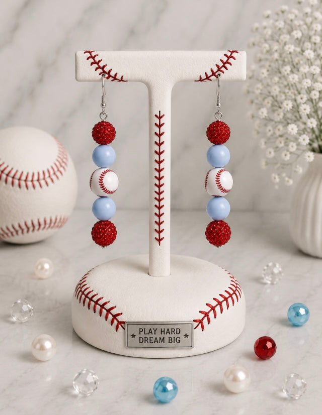 Baseball Beaded Dangle Earrings – Rhinestones & Team Colors, ~2.5"