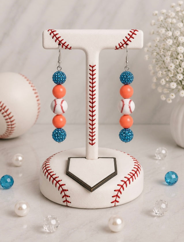 Baseball Beaded Dangle Earrings – Rhinestones & Team Colors, ~2.5"