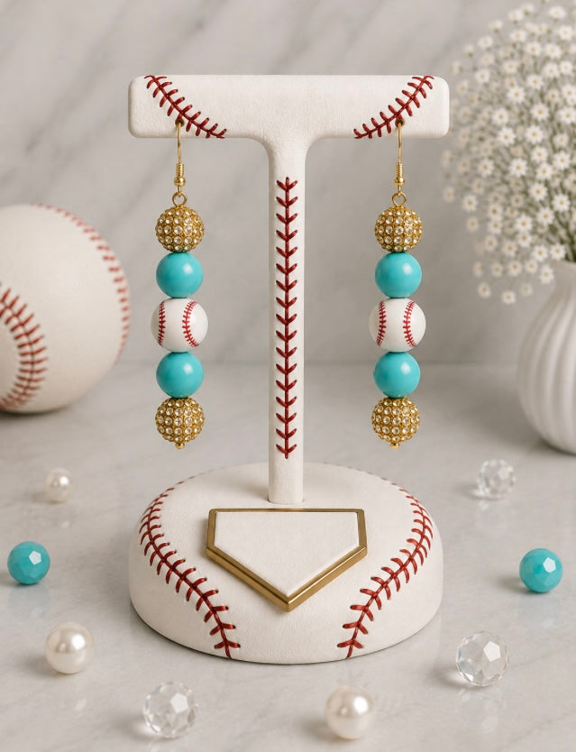 Baseball Beaded Dangle Earrings – Rhinestones & Team Colors, ~2.5"