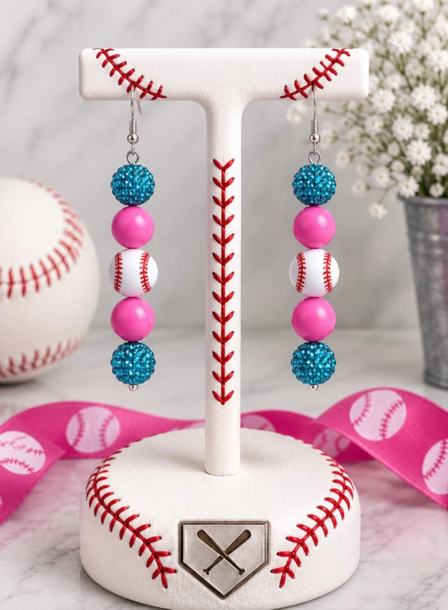 Baseball Beaded Dangle Earrings – Rhinestones & Team Colors, ~2.5"