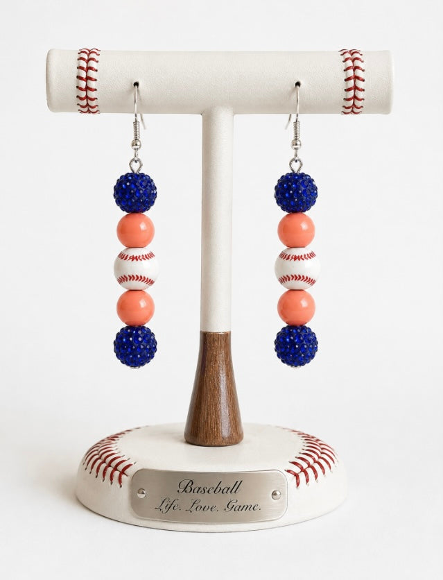 Baseball Beaded Dangle Earrings – Rhinestones & Team Colors, ~2.5"