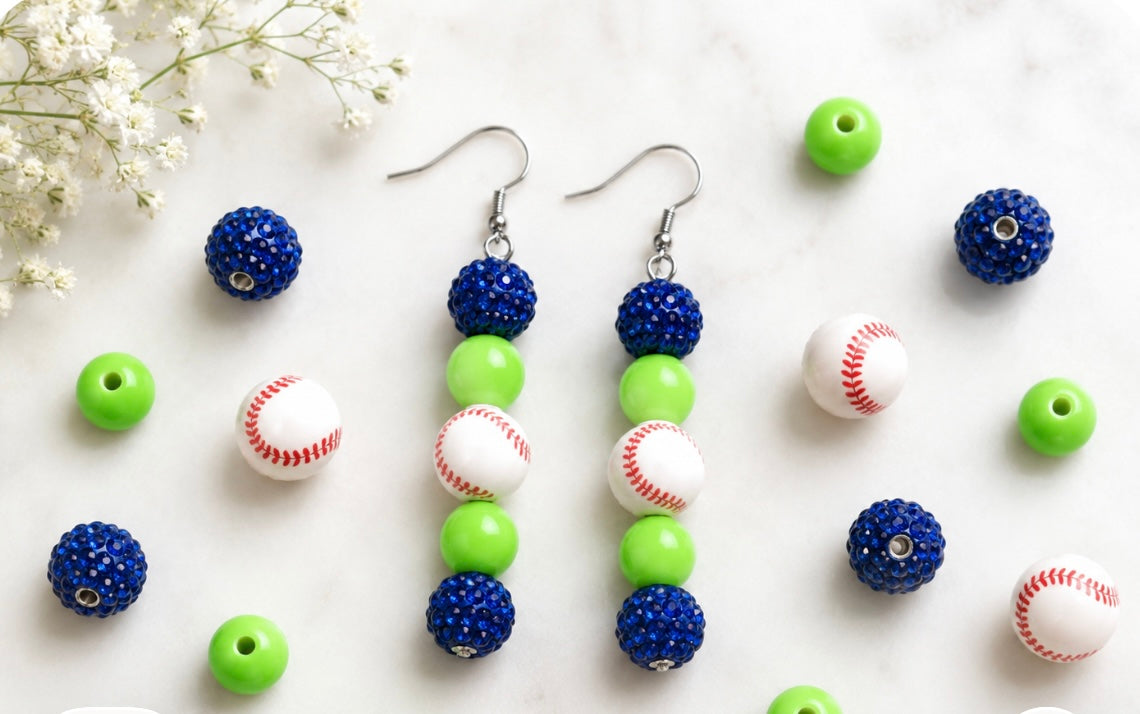 Baseball Beaded Dangle Earrings – Rhinestones & Team Colors, ~2.5"