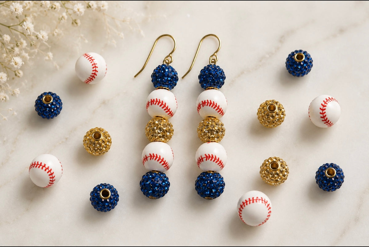 Baseball Beaded Dangle Earrings – Rhinestones & Team Colors, ~2.5"