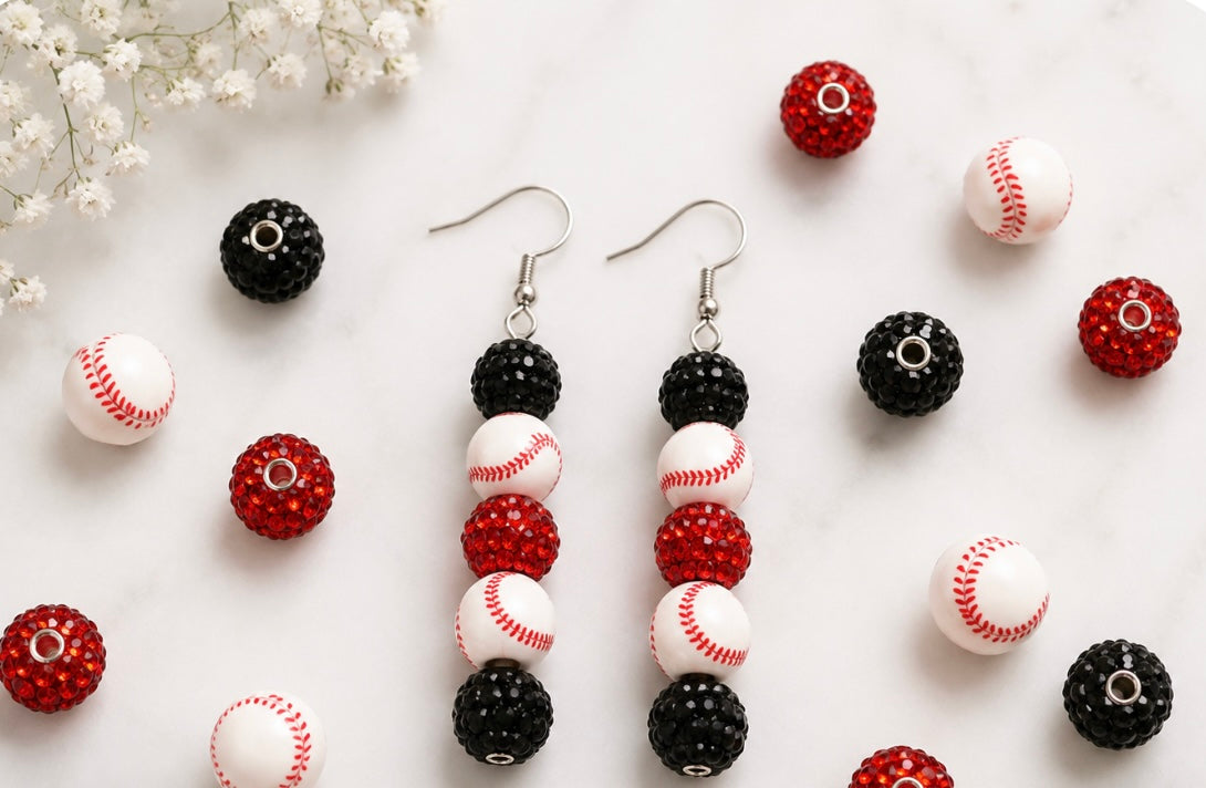 Baseball Beaded Dangle Earrings – Rhinestones & Team Colors, ~2.5"