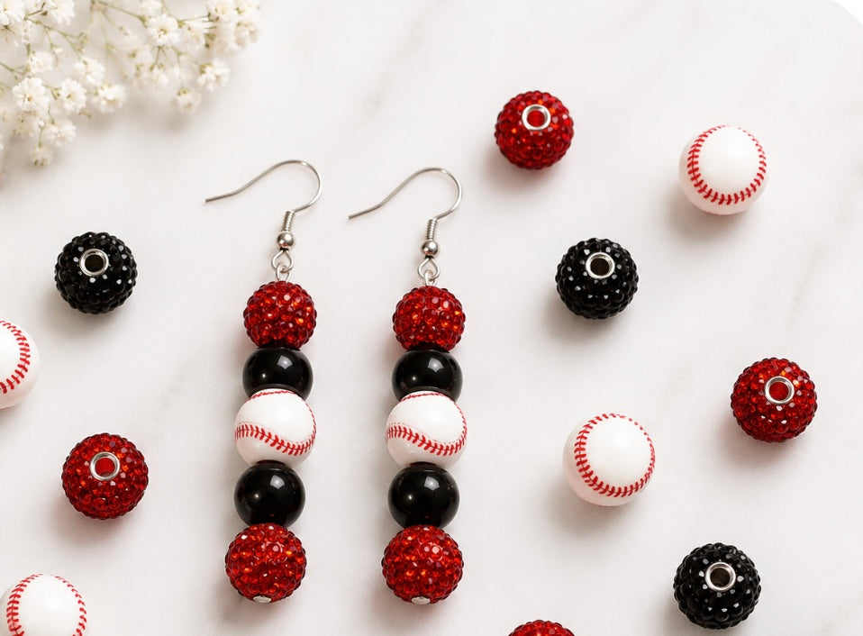 Baseball Beaded Dangle Earrings – Rhinestones & Team Colors, ~2.5"
