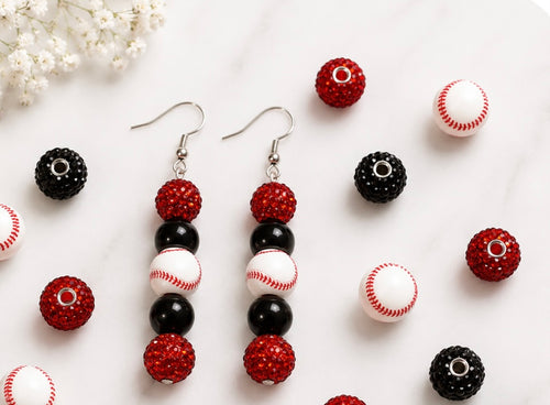Baseball Beaded Dangle Earrings – Rhinestones & Team Colors, ~2.5"