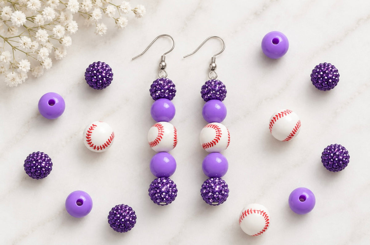 Baseball Beaded Dangle Earrings – Rhinestones & Team Colors, ~2.5"
