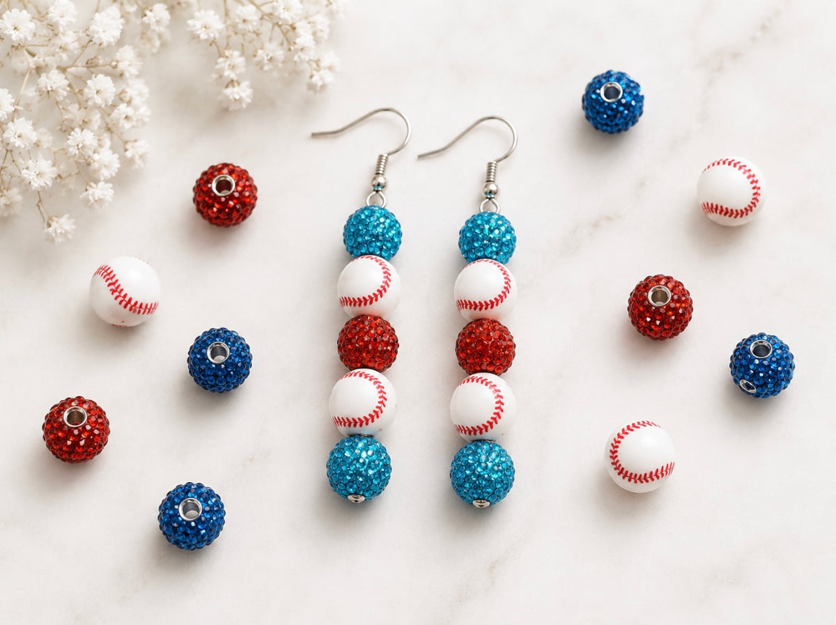 Baseball Beaded Dangle Earrings – Rhinestones & Team Colors, ~2.5"